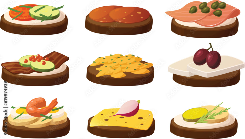 Cute vector illustration of various kinds of festive gourmet canape snacks for parties and entertaining. Cute vector illustration of various kinds of festive gourmet canape snacks for parties and entertaining.