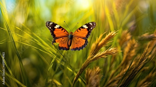 Butterfly on flower. AI generated art illustration.