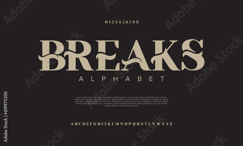 Breaks premium luxury elegant alphabet letters and numbers. Elegant wedding typography classic serif font decorative vintage retro. Creative vector illustration