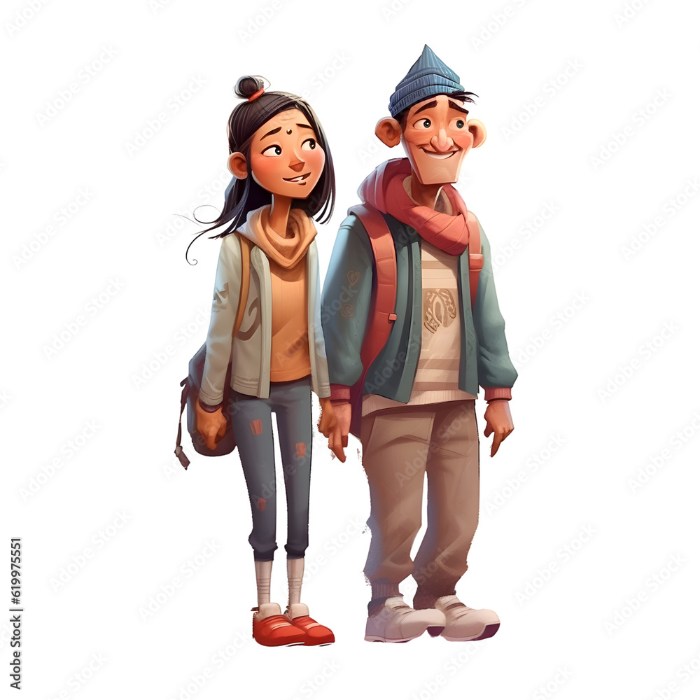 Couple of tourists walking with backpacks. Cartoon vector illustration.