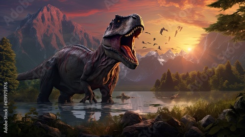 Tyrannosaurus dinosaur 3d render. AI generated art illustration. 