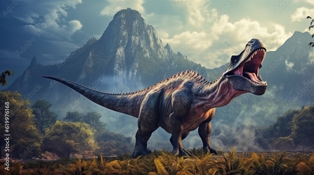 Fototapeta premium Tyrannosaurus dinosaur 3d render. AI generated art illustration.