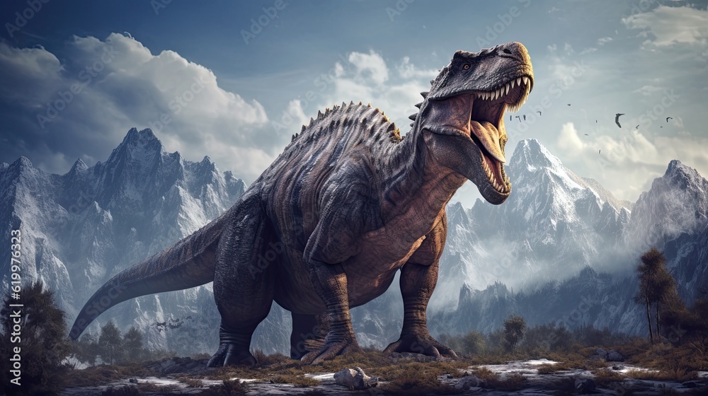 Fototapeta premium Tyrannosaurus dinosaur 3d render. AI generated art illustration. 