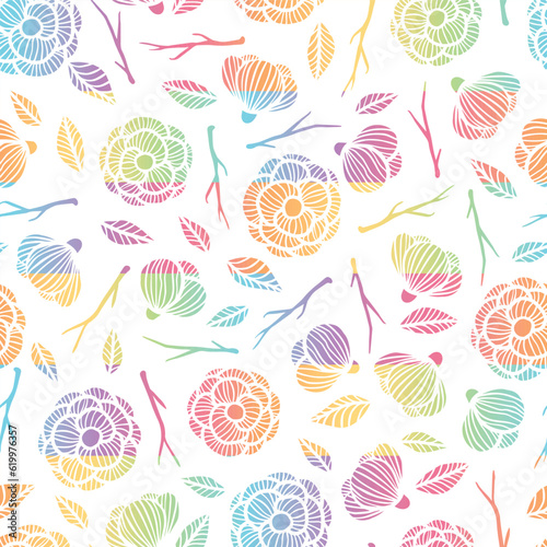 Colorful Rainbow Floral Twigs on White Abstract Geometric Seamless Vector Repeat Pattern