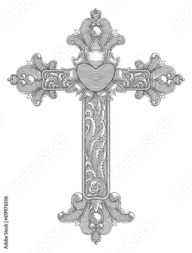 Christian wooden cross with heart and floral ornamental. Easter, symbol of Christianity,. hand drawing vintage engraving style illustration