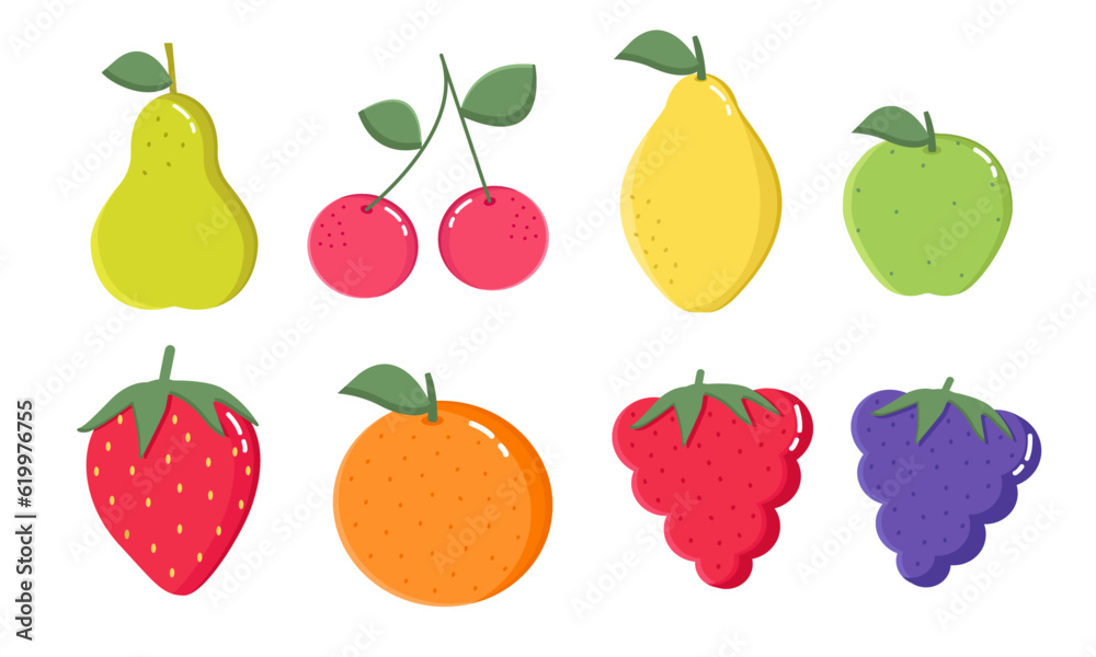 Set of fruits and berries characters for kids. Clipart design of lemon, pear, apple, cherry, raspberry, blackberry, strawberry, orange Set of fruits and berries characters for kids. Clipart design of lemon, pear, apple, cherry, raspberry, blackberry, strawberry, orange
