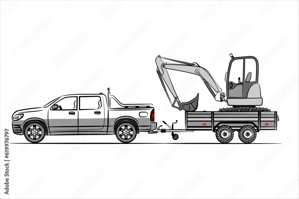 Naklejka premium Pickup with trailer transporting mini excavator. Car trailer with two wheel axle for transportation cargo. Side view. Flat vector illustration isolated on white background.