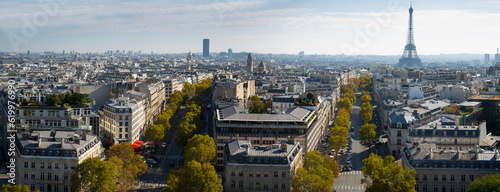 Cityscape of Paris with the Eiffel Tower and apartment buildings aerial view  France
