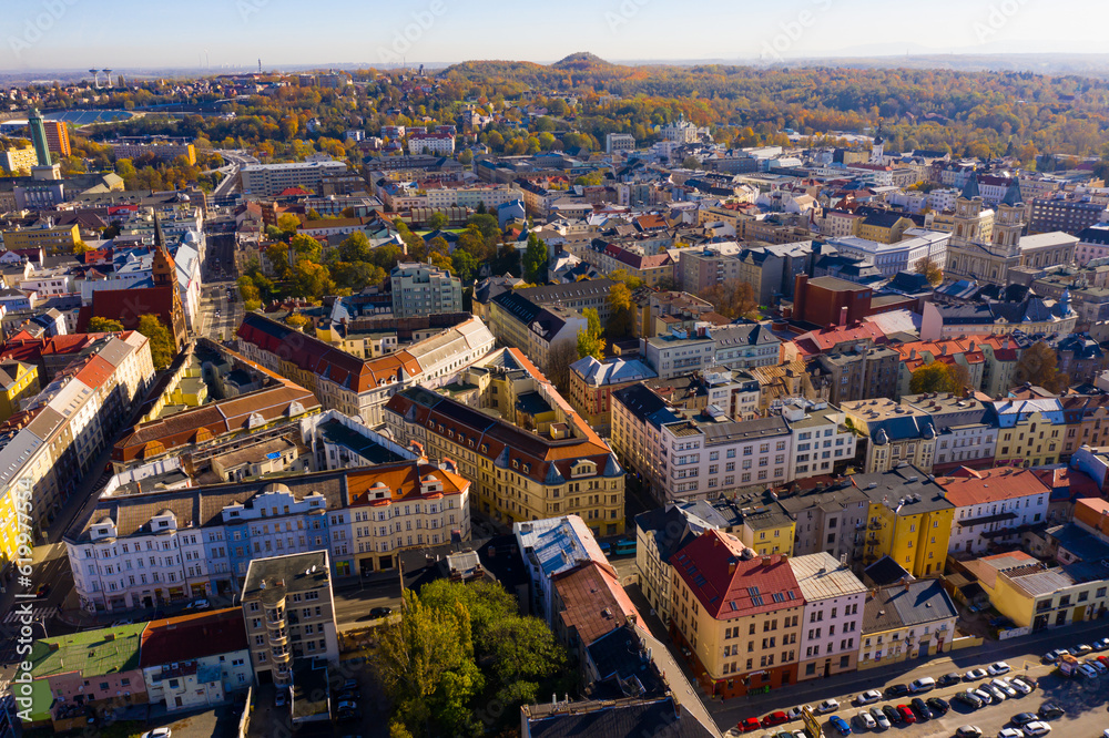 Aerial view of old town buildings of Czech city of Ostrava