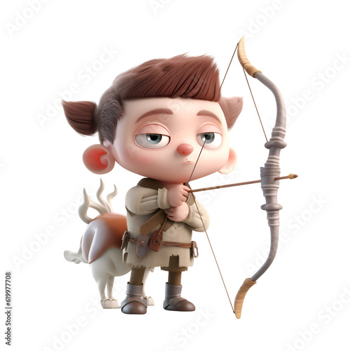 3D rendering of a cute cartoon character with bow and arrow.