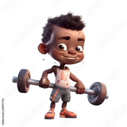 3D Render of a Little African American Boy with a barbell