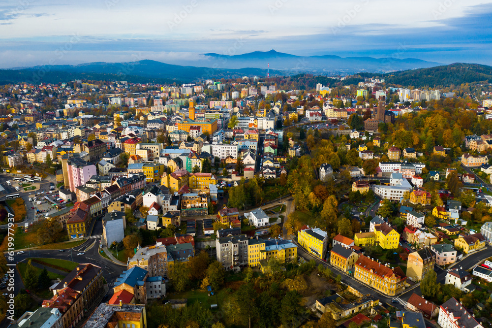 Panoramic aerial view of autumn landscape of Czech city of Jablonec nad Nisou, Liberec Region