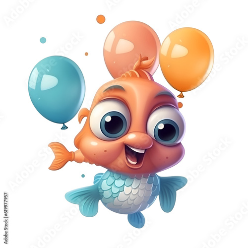 Cute cartoon fish with balloons. Vector illustration isolated on white background.