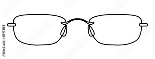 Rimless frame glasses fashion accessory illustration. Sunglass front view for Men, women, unisex silhouette style, flat rim spectacles eyeglasses with lens sketch outline isolated on white background