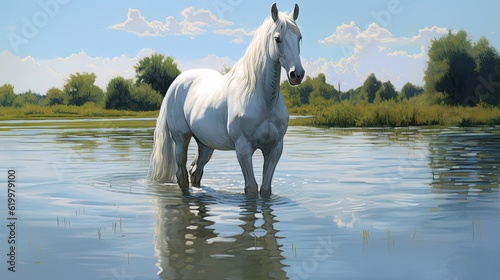 White horse on the beach. AI generated art illustration.