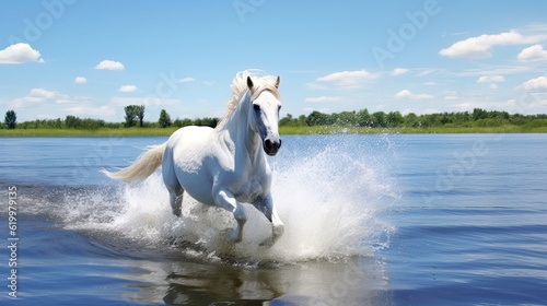 White horse on the beach. AI generated art illustration.