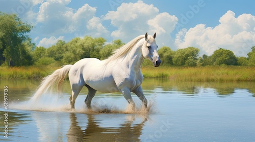 White horse on the beach. AI generated art illustration.