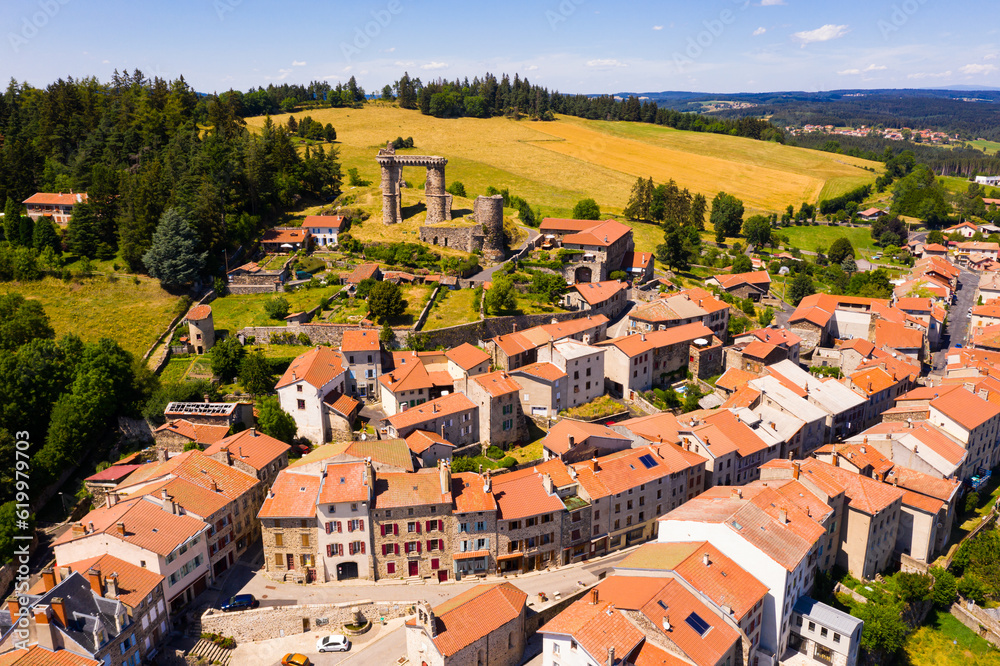 Picturesque aerial view of Allegre commune in Haute-Loire department, south-central France