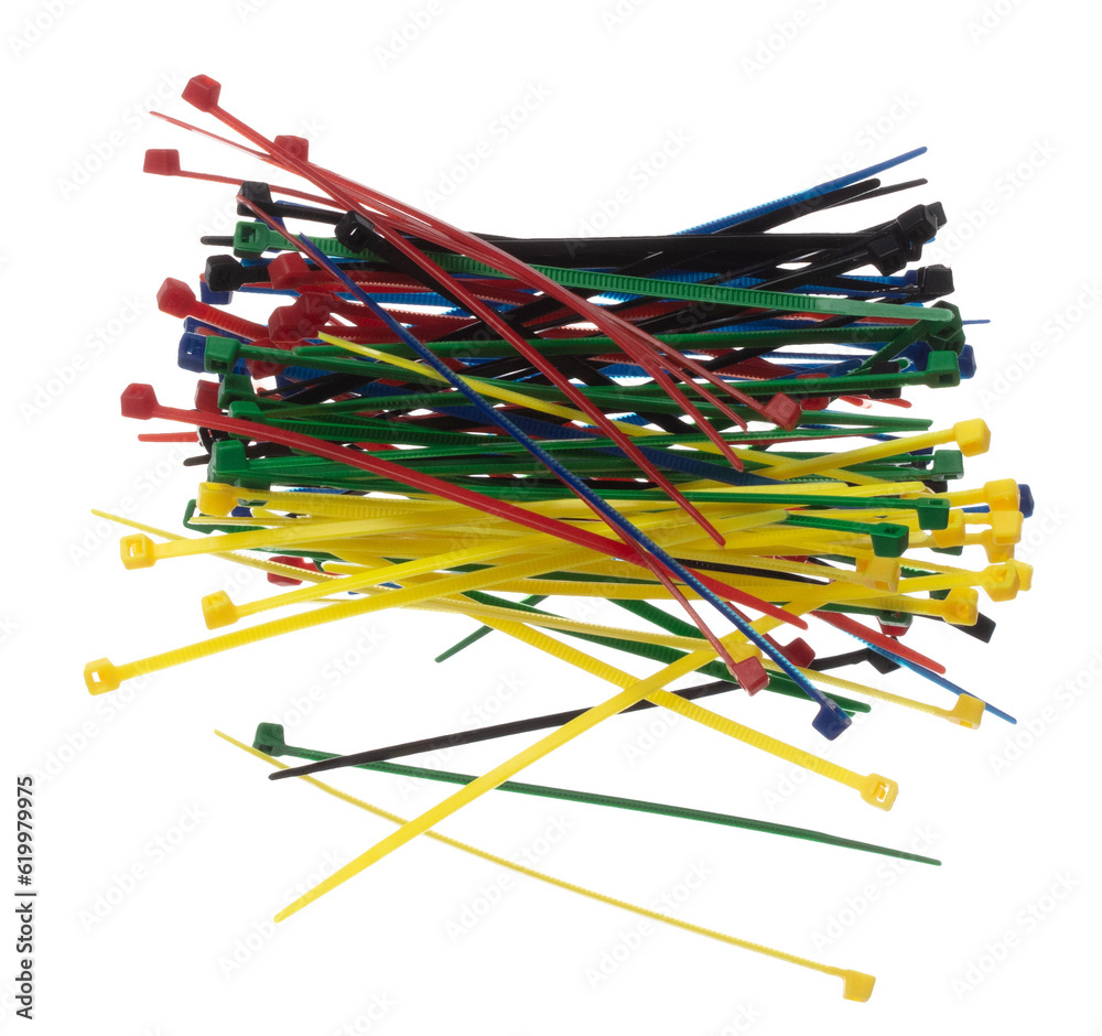 Plastic Cable tie in colorful to hold cable together or wrap around things for electrician, maintenance, repair man. Close up Plastic Cable tie small size, white background isolated