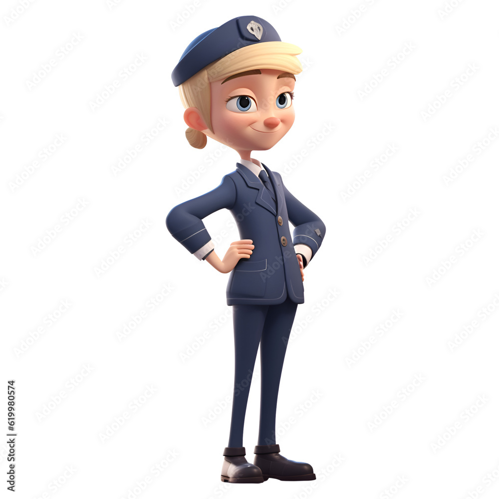 3d illustration of a cute police officer with blue uniform. isolated white background
