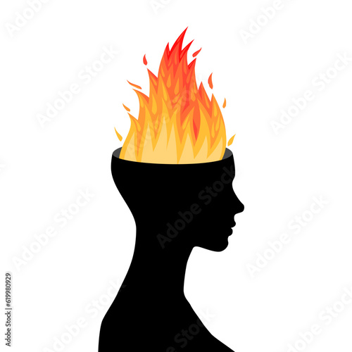 Głowa z płonącym w środku ogniem. Gniew, złość, silne emocje, furia, irytacja, atak paniki. Wektorowa ilustracja psychologiczna. 