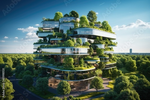 Modern environmentally friendly building. Sustainable glass office with wood to reduce carbon footprint. Office surrounded by greenery. Corporate buildings reduce CO2 emissions. ai generative © InfiniteStudio