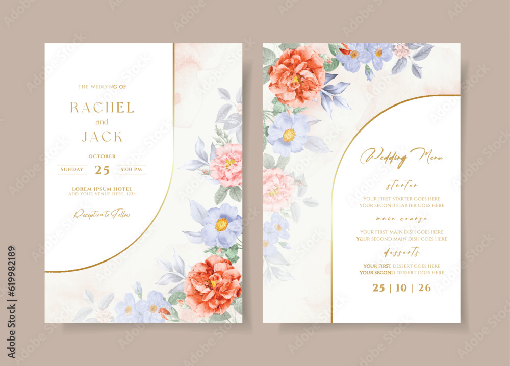 Elegant watercolor wedding invitation with floral and leaves decoration