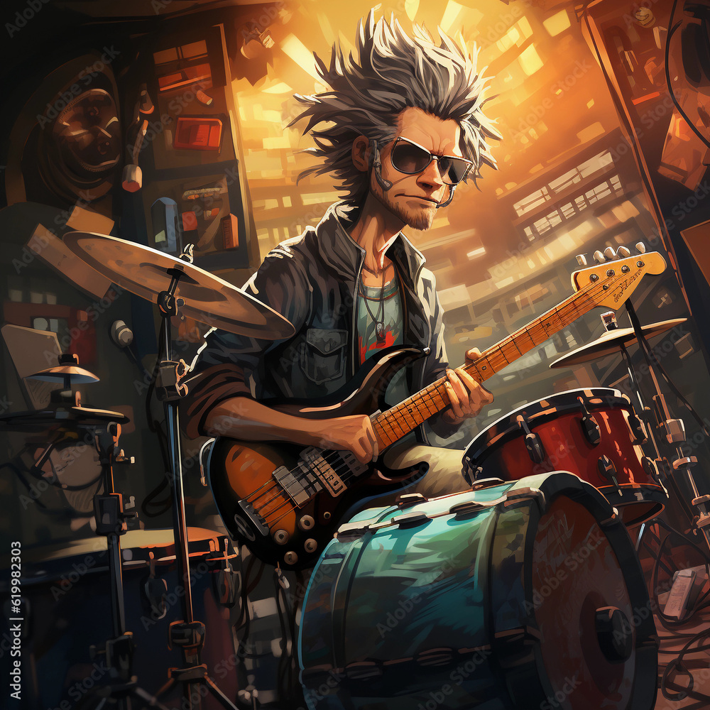 Fototapeta premium Cartoon musician with bass guitar and drums