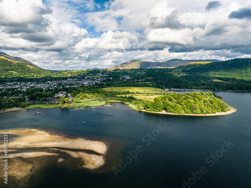 Fototapeta Derwentwater Lake from a drone, Portinscale, Keswick, Lake District, Cumbria, En