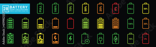 Battery icon collection, energy, power, charge, full, editable and resizable EPS 10.