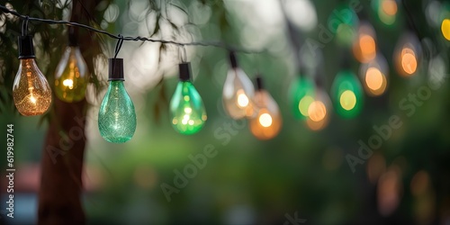 Party outdoor string lights hanging on a line in backyard, ai generative