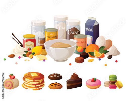 Cute vector illustration of various home made pantry baking ingredients and pastries, cookies and pancakes.