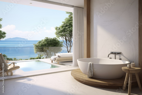 Modern minimal outdoor bathroom terrace with beige cozy tone style and sea view outside, decorate with wooden decor, bathtub, sink, towels, and brown tone background, with Generative Ai. © TANATPON