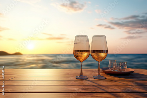 Close up of couple wine champagne glasses and bottle for celebration on wooden table with sea view and sunset sky background  chilling day  romantic dating  with Generative Ai.