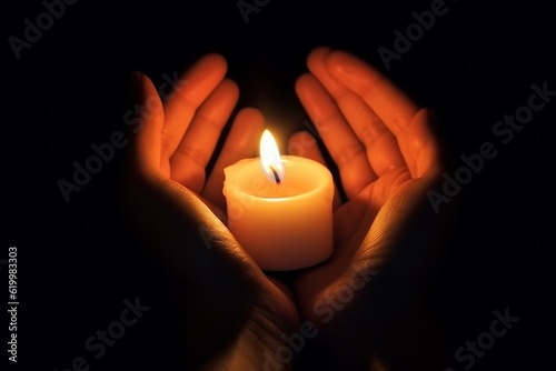 Burning candle in hands with selective focus. Concept symbol. AI generated, human enhanced