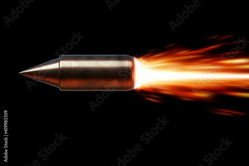 Bullet in flight after firing. Background with selective focus. AI generated, human enhanced