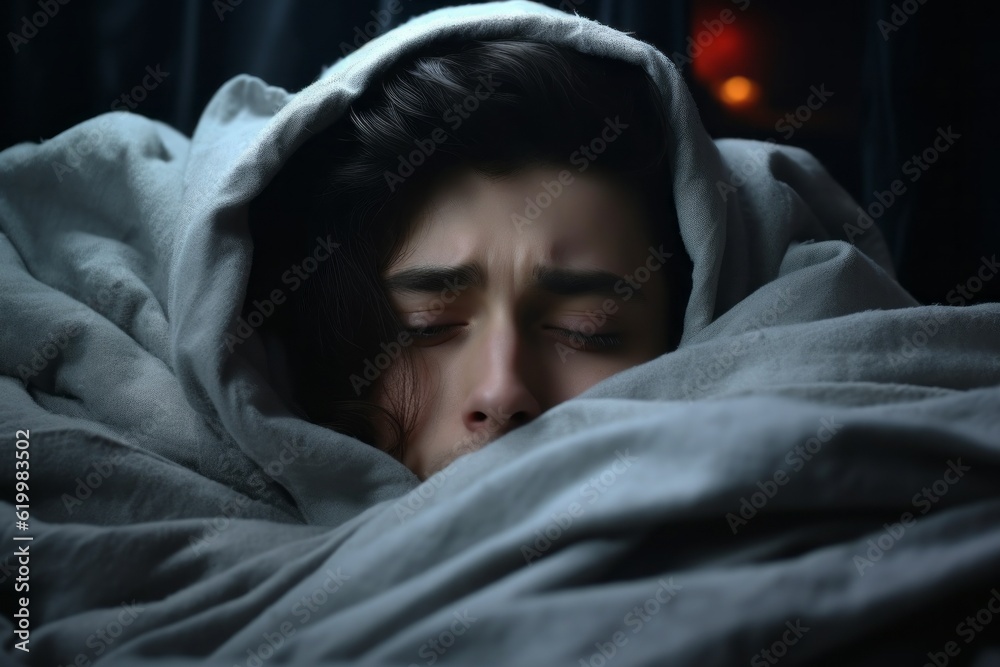 The woman is trying to sleep. The concept of insomnia. Background with selective focus and copy space The woman is trying to sleep. The concept of insomnia. Background with selective focus and copy space