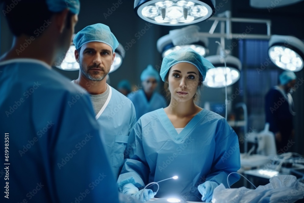 Doctors surgeons in the operating room of the hospital. Background with selective focus and copy space. AI generated Doctors surgeons in the operating room of the hospital. Background with selective focus and copy space. AI generated
