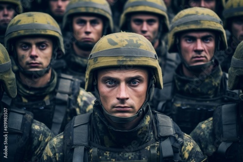 Portrait of a European army soldier in the ranks with selective focus. AI generated, human enhanced