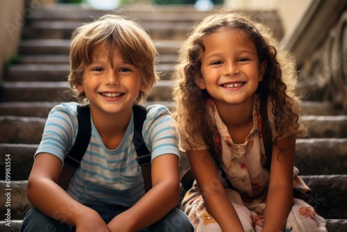 Children sit on the steps of the school stairs during recess. Back To School concept. Background with selective focus © top images