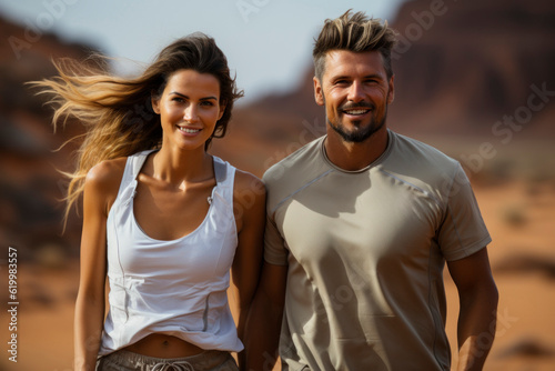 A man and a woman go for a run. Happy active young couple in love. Background with selective focus and copy space