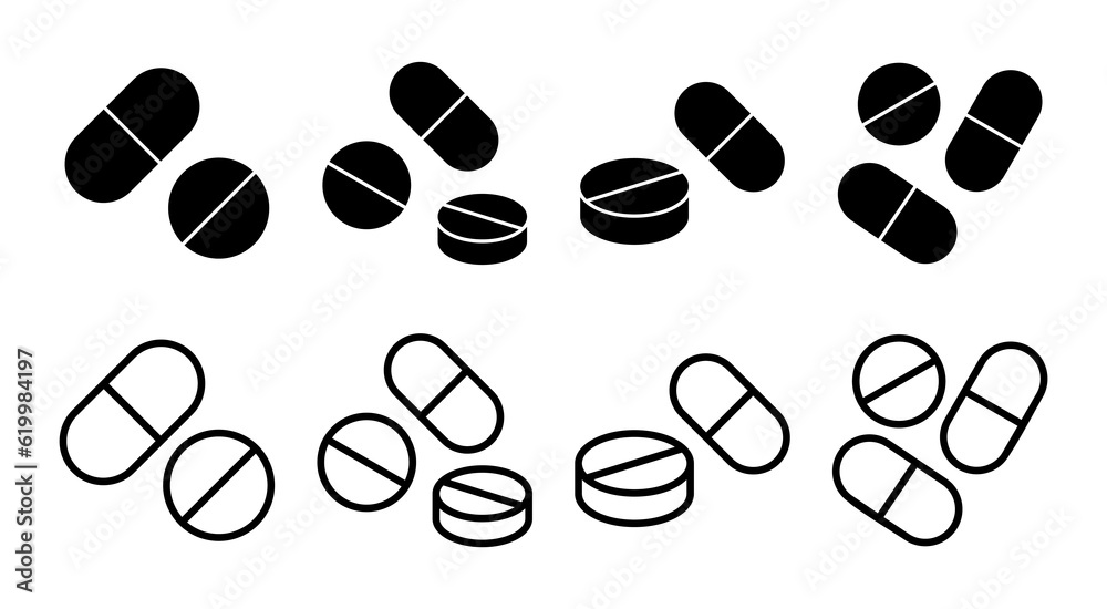 Pills icon set illustration. capsule icon. Drug sign and symbol Pills icon set illustration. capsule icon. Drug sign and symbol