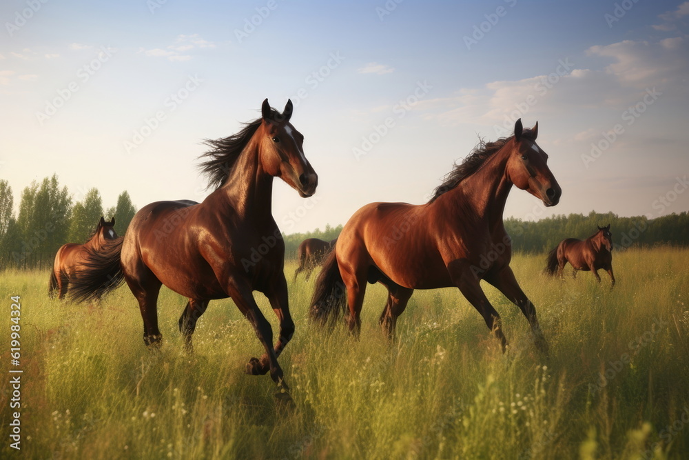 Fototapeta premium horses running on green meadow with nice landscape