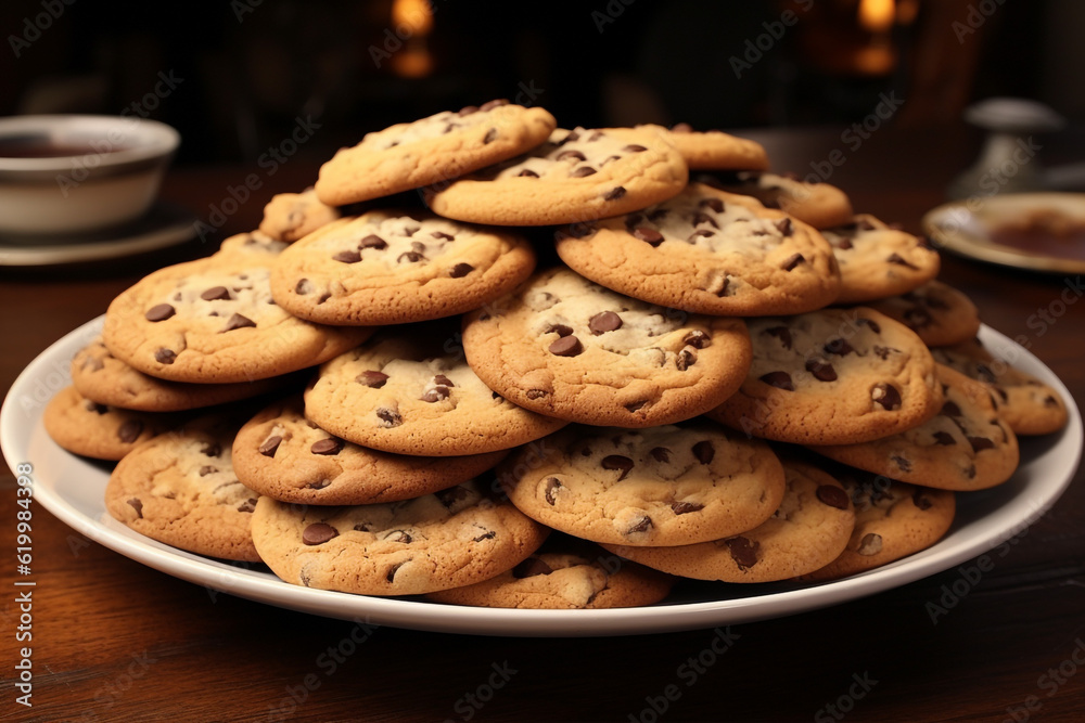 chocolate chip cookies on a plate. Generative AI
