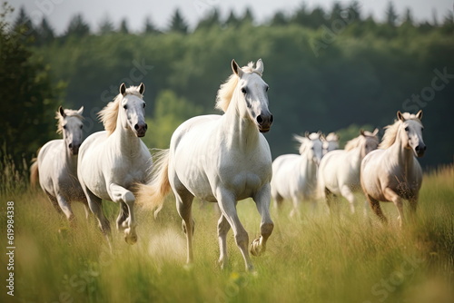 horses running on green meadow with nice landscape © waranyu