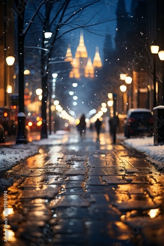 A city street in winter snow decorated for the holidays. Generative AI. 
