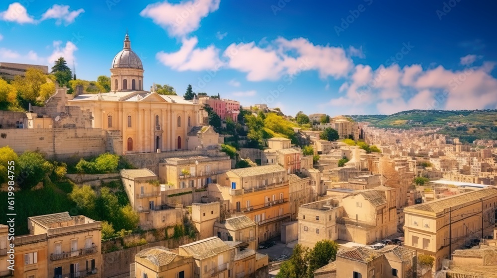 Sunrise at the old baroque town of Ragusa Ibla in Sicily. Historic center called ragusa city town