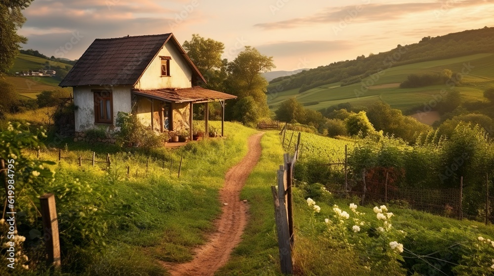 Beautiful countryside landscape with forested hills and haystacks on a grassy rural field in mountains rogojel village Beautiful countryside landscape with forested hills and haystacks on a grassy rural field in mountains rogojel village