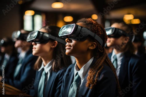 Many multicultural, multiracial schoolchildren using virtual reality headsets at the classroom