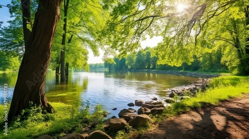 strypa forest lake and green blooming trees morning scene adorable view photo